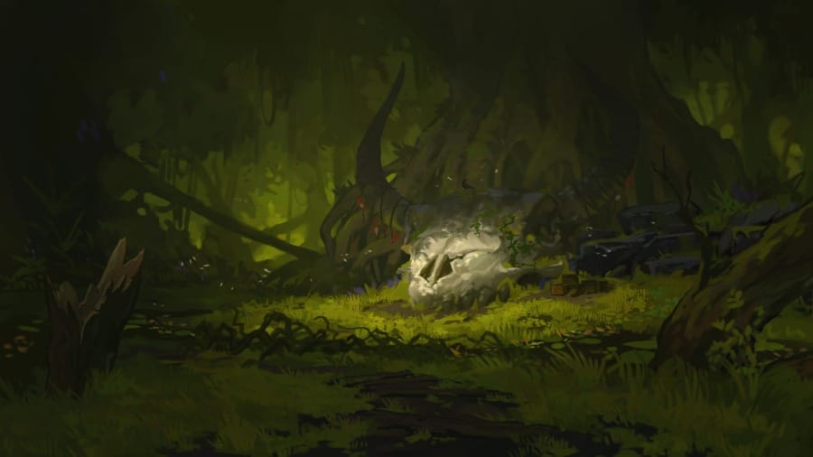 A painterly animated illustrated scene of a massive horned bovine skull resting in a dark, foggy swamp. Twisted trees and trailing vines loom over it amidst overgrown bog vegetation.