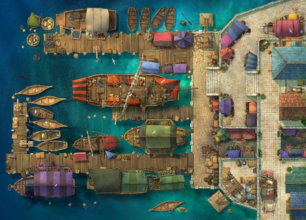 Top-down battlemap of a busy harbor market. Wooden docks extend over bright blue water with several ships moored alongside them, with colorful furled sails. A bustling market of stalls and colorful awnings crowds the quayside.