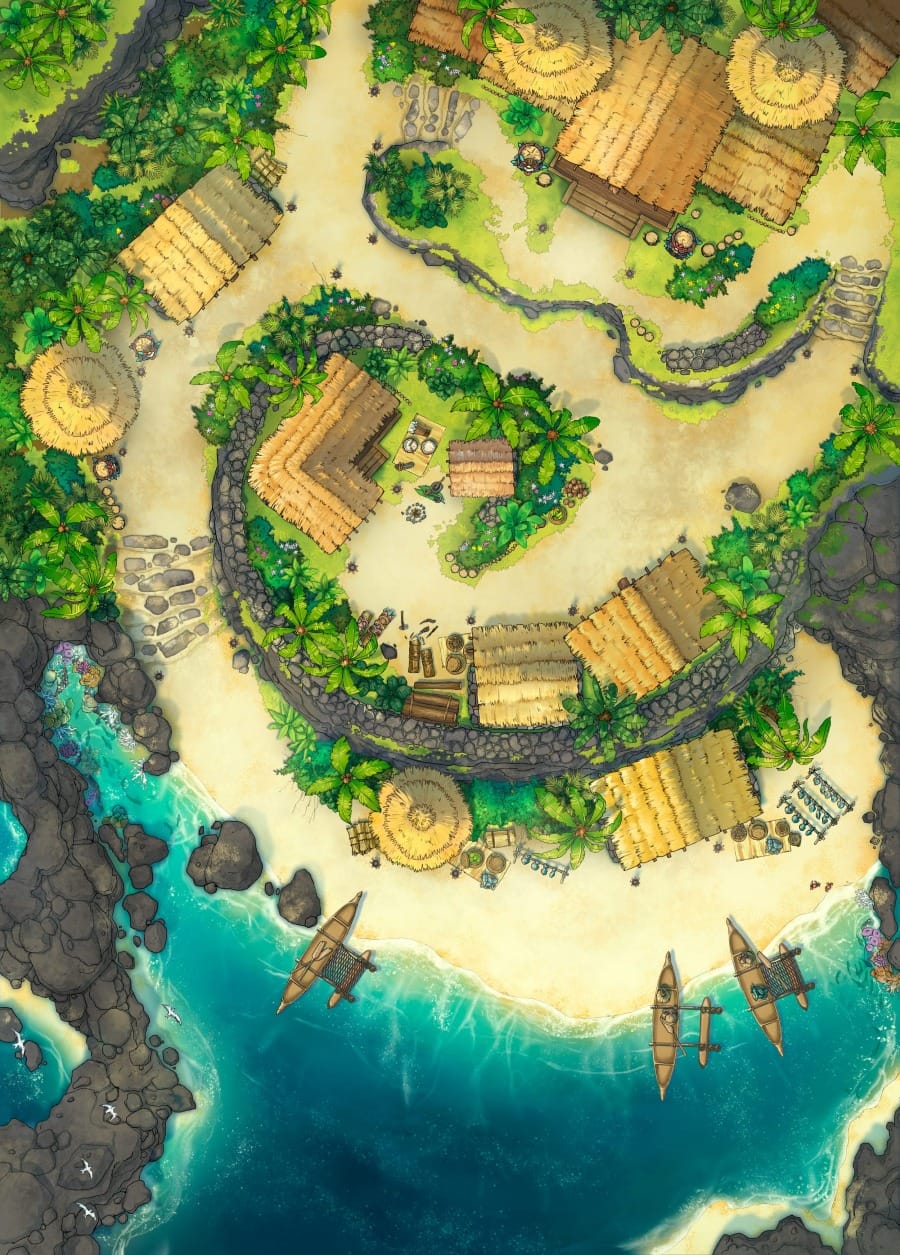 Top-down battlemap of a small tropical coastal village built along a curved sandy beach in a rocky cove. Thatched-roof buildings sit among lush tropical vegetation and palm trees, connected by a sandy path. Canoes sit on a shore beside vivid turquoise water.