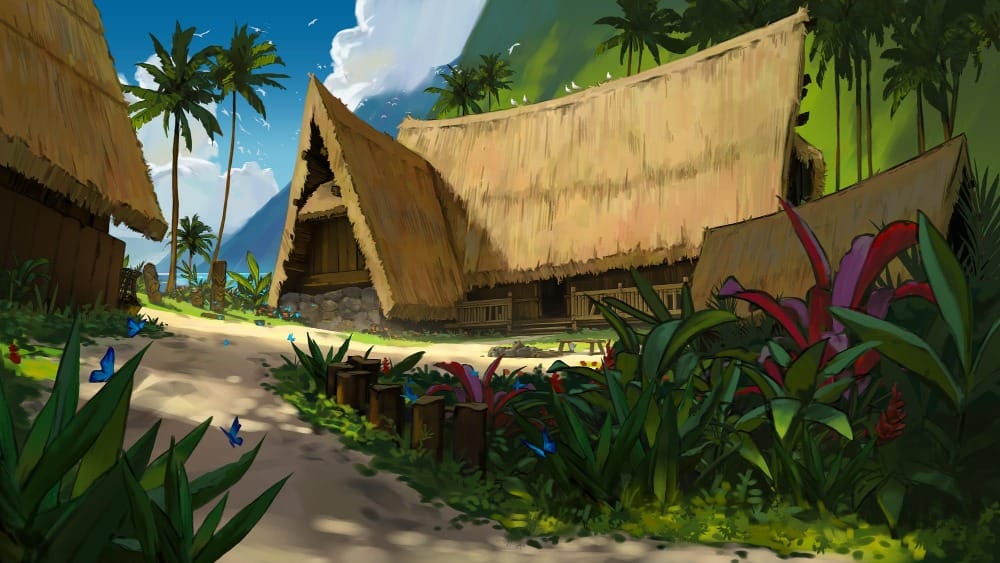 A painterly illustrated scene of a sunlit tropical village path. Tall thatched buildings rise on either side of a sandy road bordered by tropical vegetation and reddish-purple flowering shrubs. A green mountainside is visible in the background under a bright blue sky.