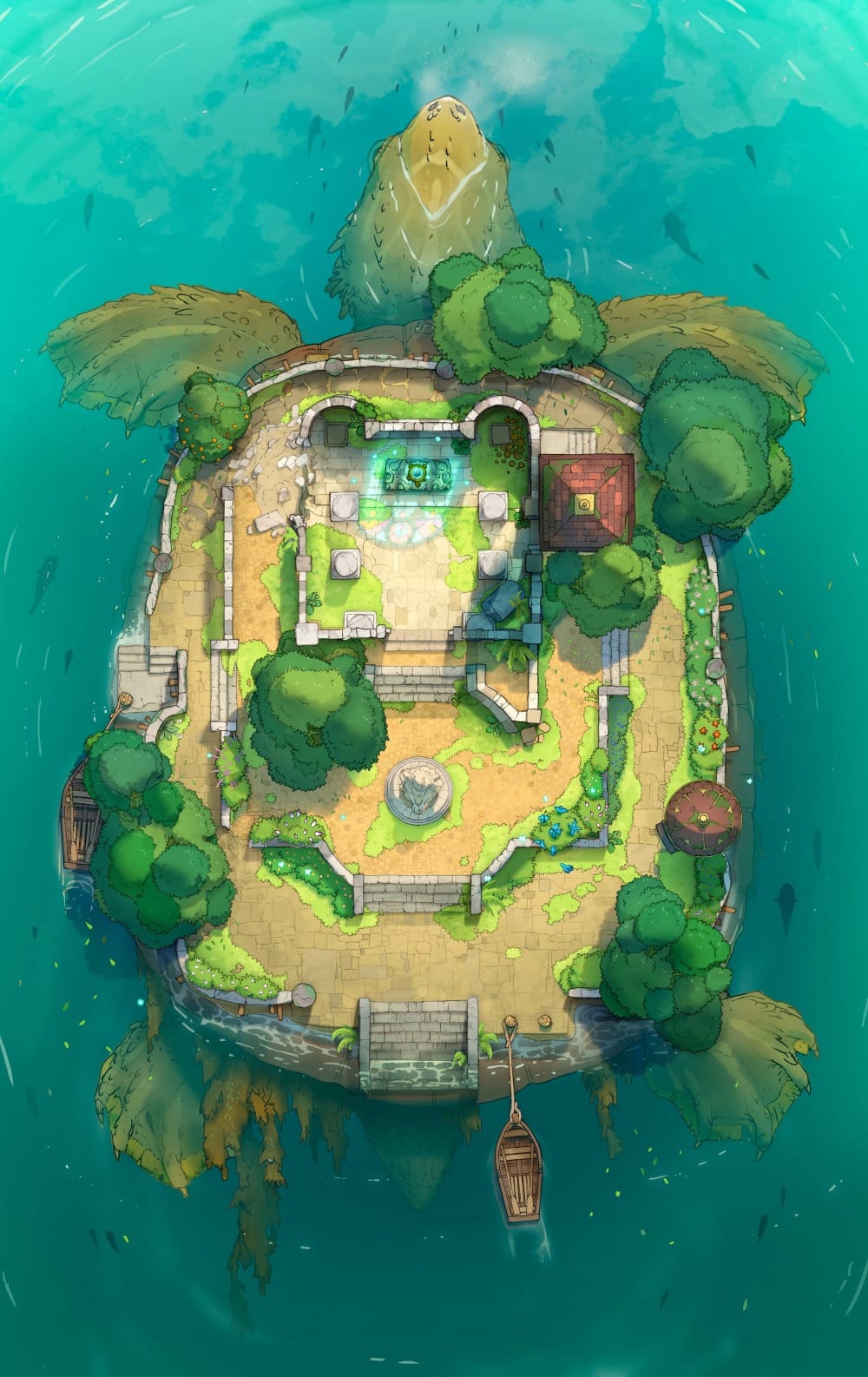 Top-down battlemap of a small settlement built on the back of a giant turtle. Stone walls, gardens, and several small buildings occupy the shell, ringed by lush vegetation. The turtle’s head, flippers, and tail are visible in the surrounding deep water.