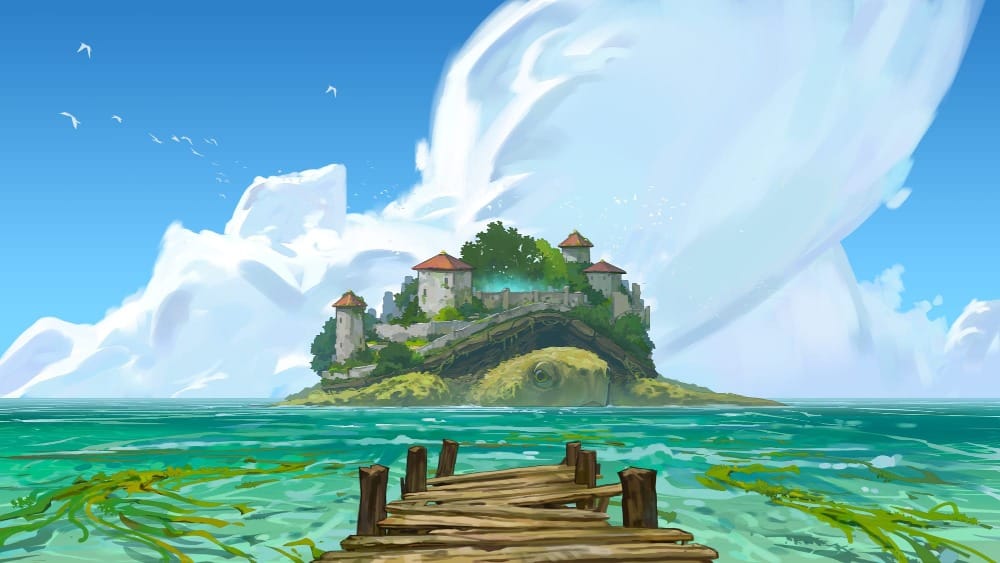 A painterly illustrated scene of a giant turtle in the middle of an ocean, as seen from a distant dock. On the turtle’s shell are several small buildings with red rooftops, stone walls, and lush vegetation.