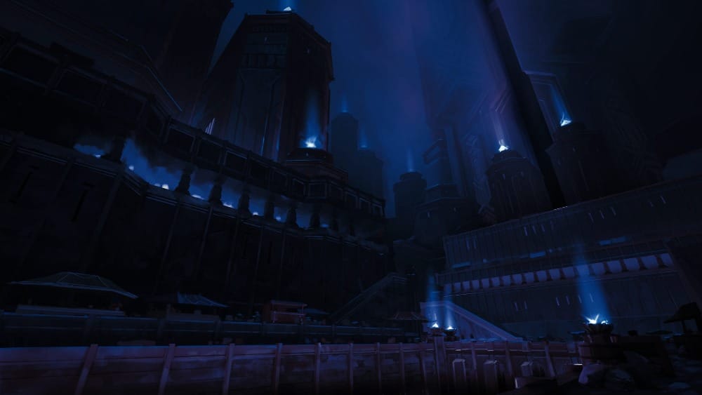 A painterly illustrated scene of a vast, underground city in complete darkness. Towering stone structures disappear into a deep darkness above. Pale blue lights shine from small braziers.