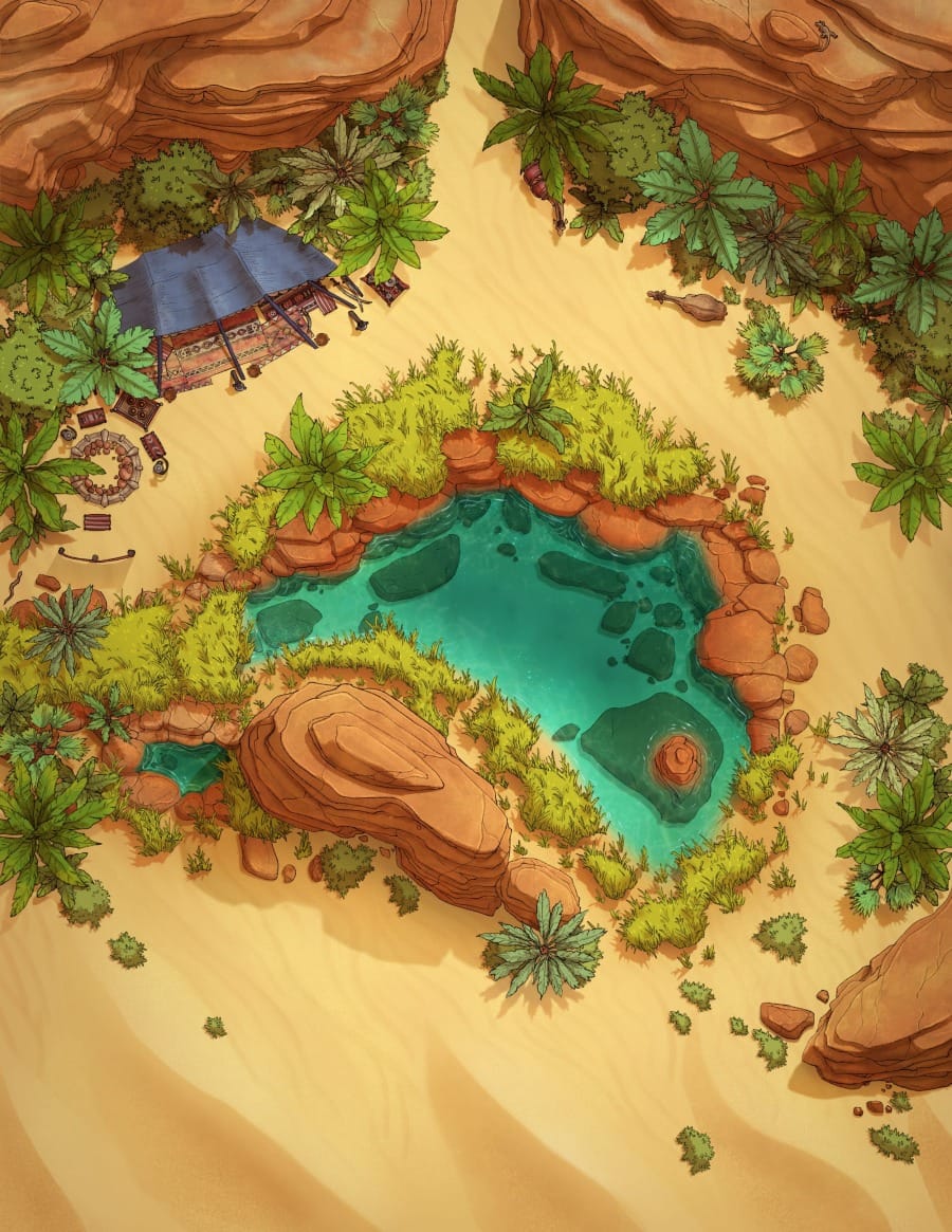 A top-down battlemap of a desert oasis with a vivid turquoise pool in the center. It’s ringed by palm trees, red sandstone bluffs, and scattered vegetation. A small tent and campfire sit beside it.