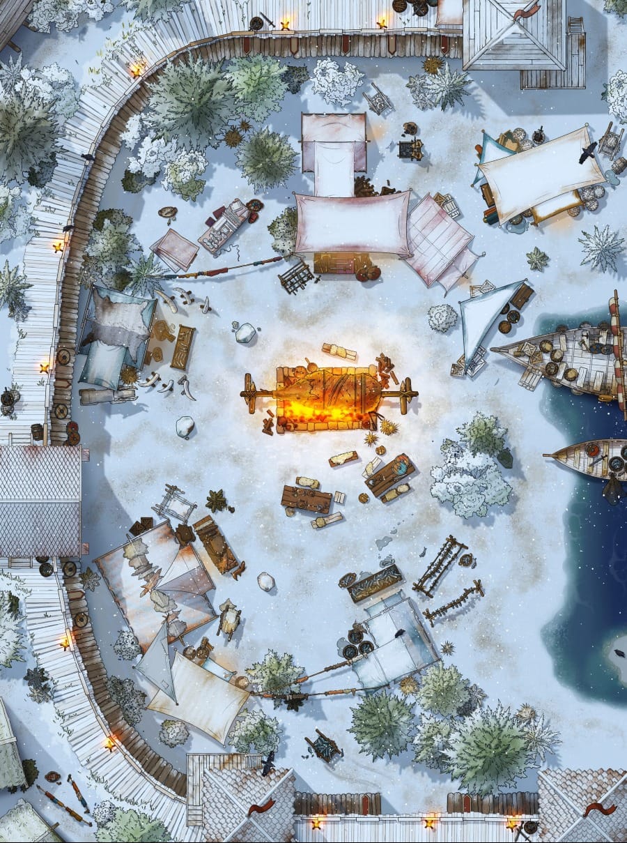 Top-down battlemap of a winter outpost arranged around a large central bonfire. Market tents are scattered across the snow, within a curved timber palisade. At water's edge, two longships are docked against a frozen shoreline.