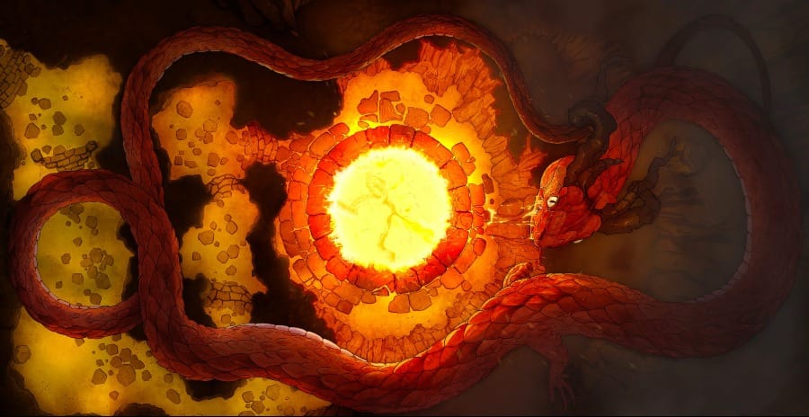 Top-down battlemap of an underground cave system. A massive red serpent coils around a central glowing lava pool that illuminates the tunnels with golden light. Lava or orange venom drips from its fangs.