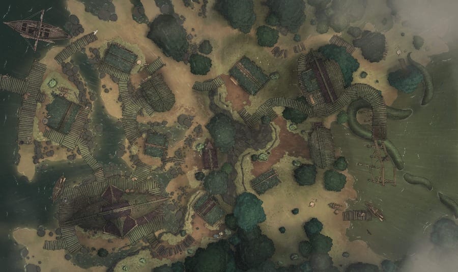 Top-down battlemap of a swamp village with wooden buildings and walkways spread across waterlogged, boggy terrain. Small boats are docked in the larger bodies of water, and a large serpent’s tail is visible in one of the lakes.
