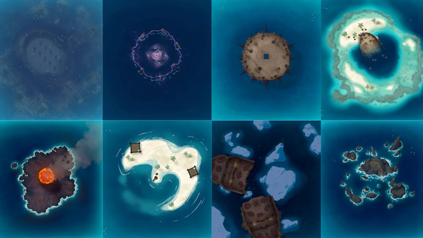 A grid of eight ocean encounter maps including open deep water, an underwater gladiator arena, a rocky archipelago, a volcanic island, and islands with shipwrecks on them.