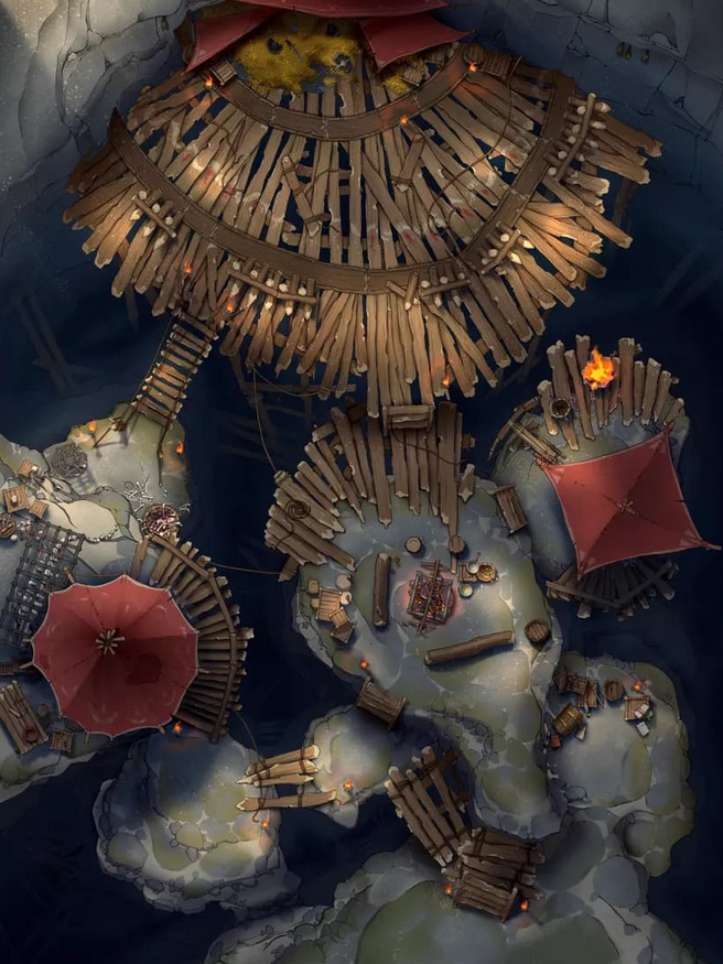 A top-down battlemap of stone pillars and outcroppings connected by wooden bridges. Red canopies cover some areas. A large wooden platform perches precariously on the right.