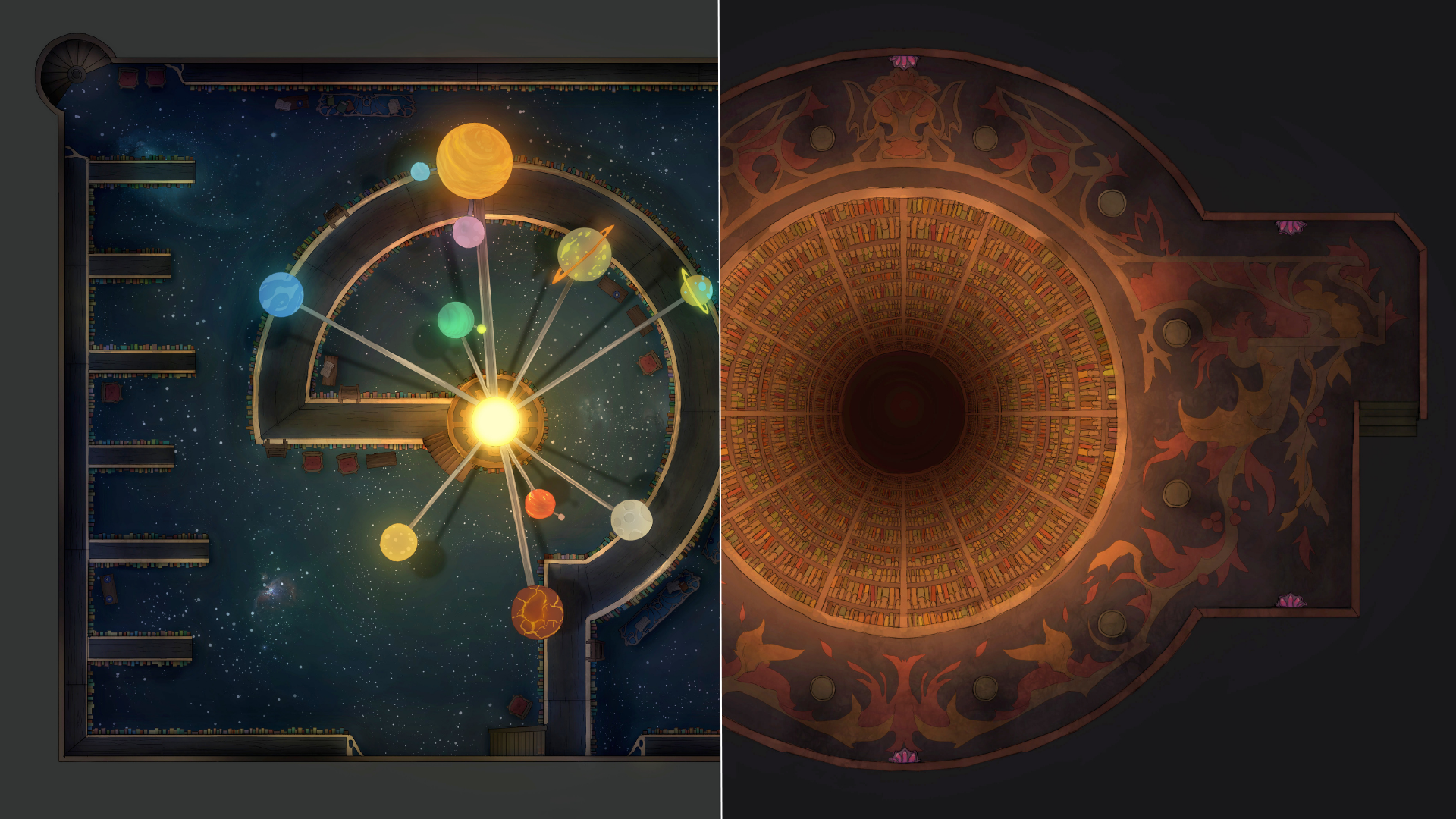 Two battlemaps spliced side by side: on the left is a top-down view of a starlit orrery chamber with glowing planetary models on golden armatures; on the right is a vast circular reading room viewed from above, with concentric rings of bookshelves receding downwards into darkness.