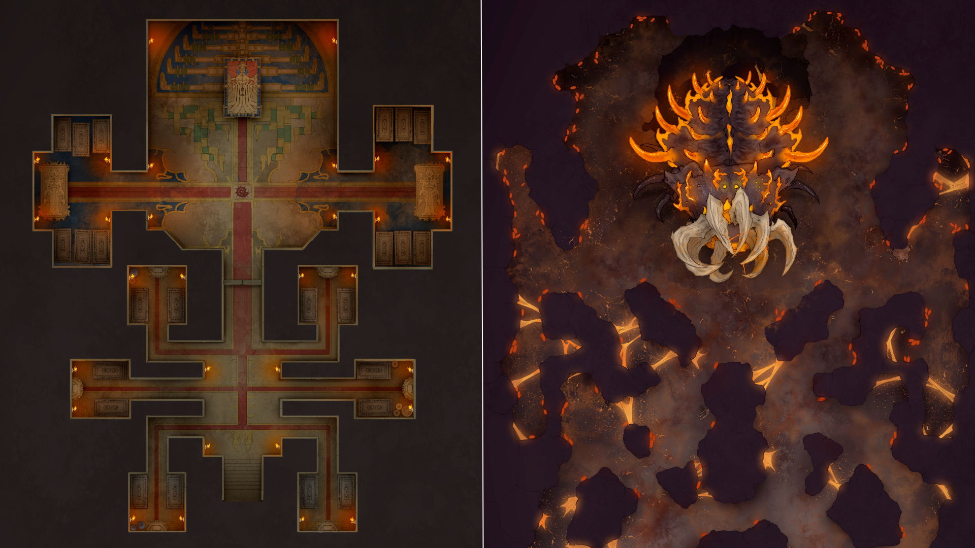 Split picture of two separate top-down battlemaps. On the left is a dark, symmetrical dungeon with torch-lit corridors, flanking alcoves, and a decorative altar and mosaic. On the right is a subterranean cave where sticky glowing webbing clings between cavern doors. A massive insect-like creature sits in the middle, crowned with glowing orange spikes.