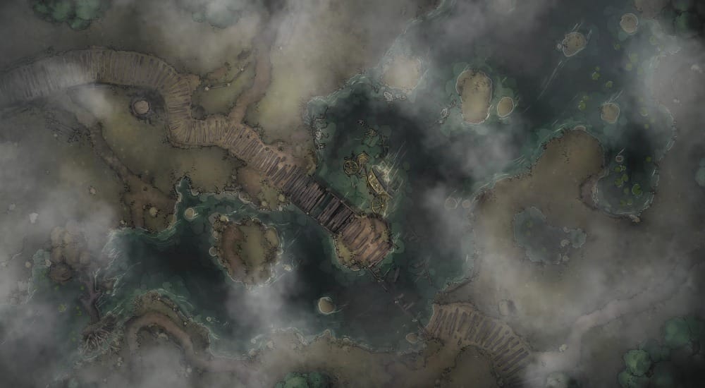Top-down battlemap of a foggy, muddy, desolate moor. A raised wooden walkway winds over a wide, murky river. An overturned cart sits beside the walkway in the shallows.