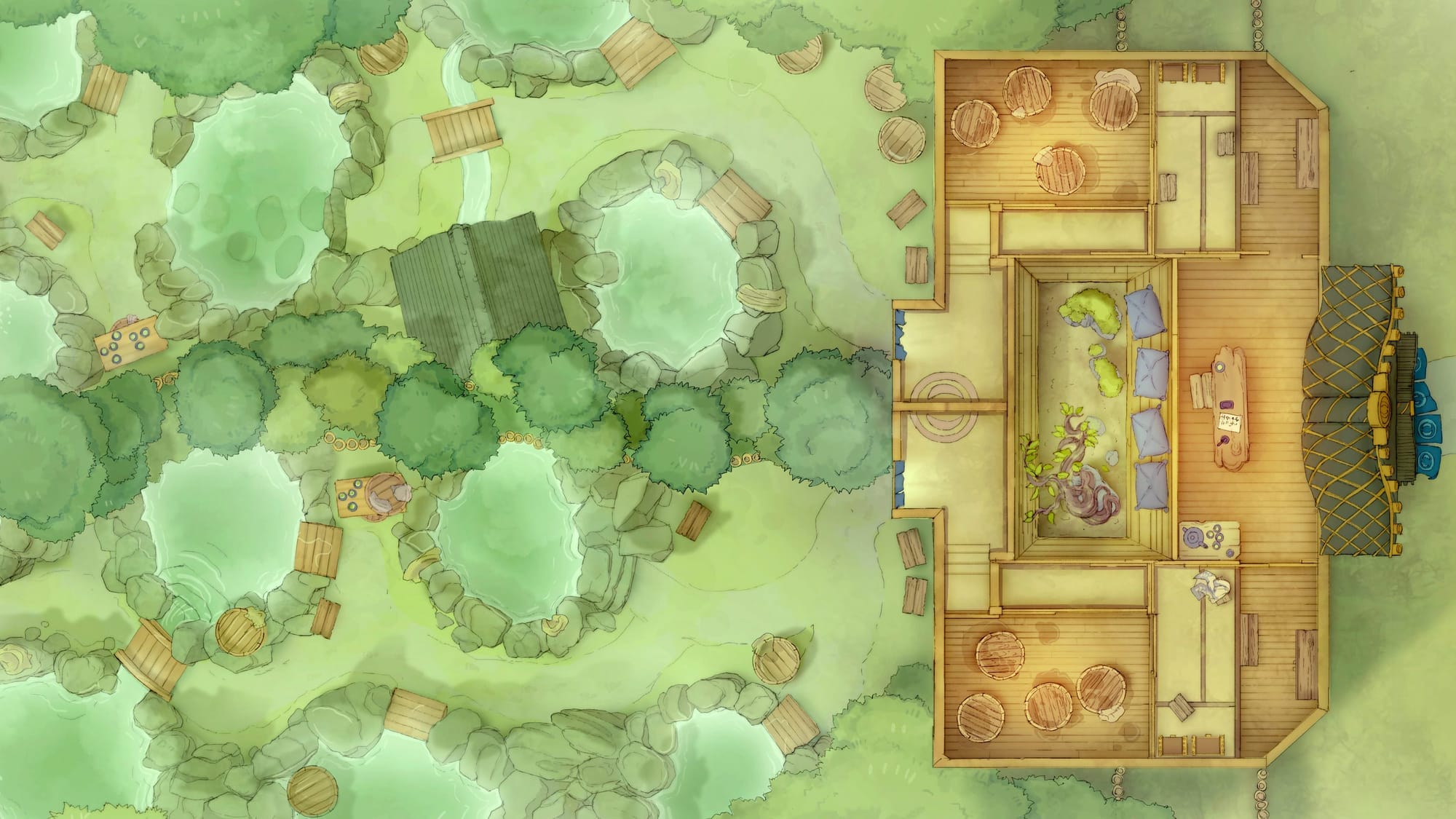 Top-down battlemap of a series of terraced hot spring pools nestled amongst trees. At the entrance of the hot springs is a wooden Japanese-style bathhouse with tatami mat rooms and a small garden.