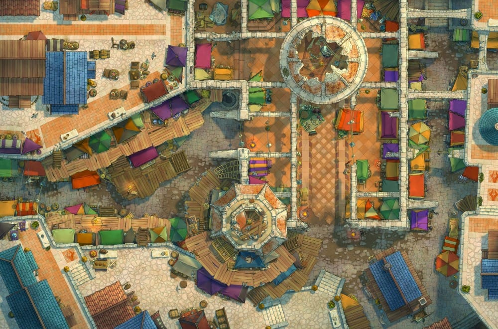 Top-down battlemap of a bustling market district with colorful market stalls, tents, and awnings lining narrow stone streets. Much of the complex sits within the remains of an old broken-down building, its two circular skylights now cracked open to the sky.