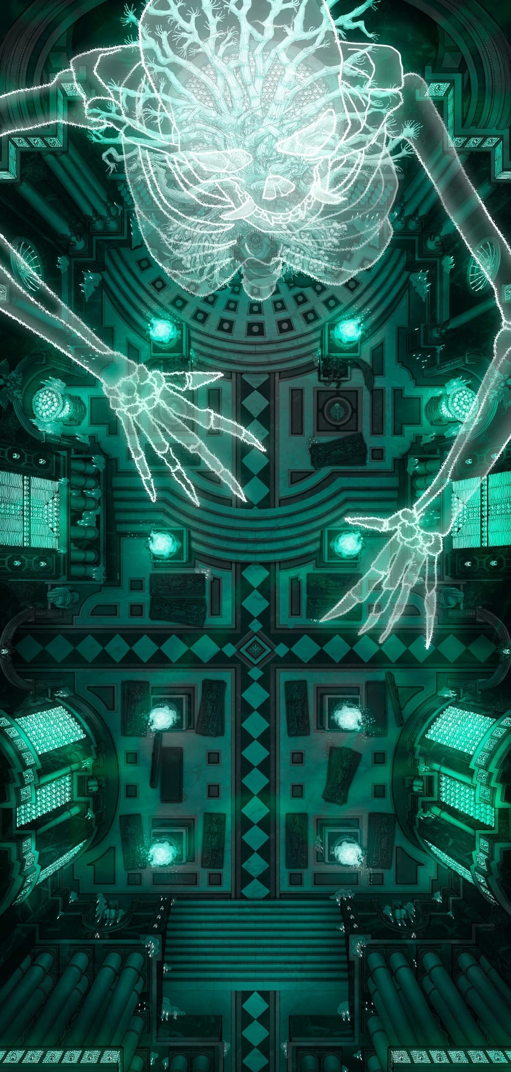 Top-down battlemap of an ossuary chamber with geometrically patterned floors. Skulls glow with spectral light in wall alcoves, lit by ghostly flames in nearby sconces. At the chamber’s end, a massive skeletal tree grows, with a huge spectral skeleton emerging from it. Its monstrous hands reach down the hallway.
