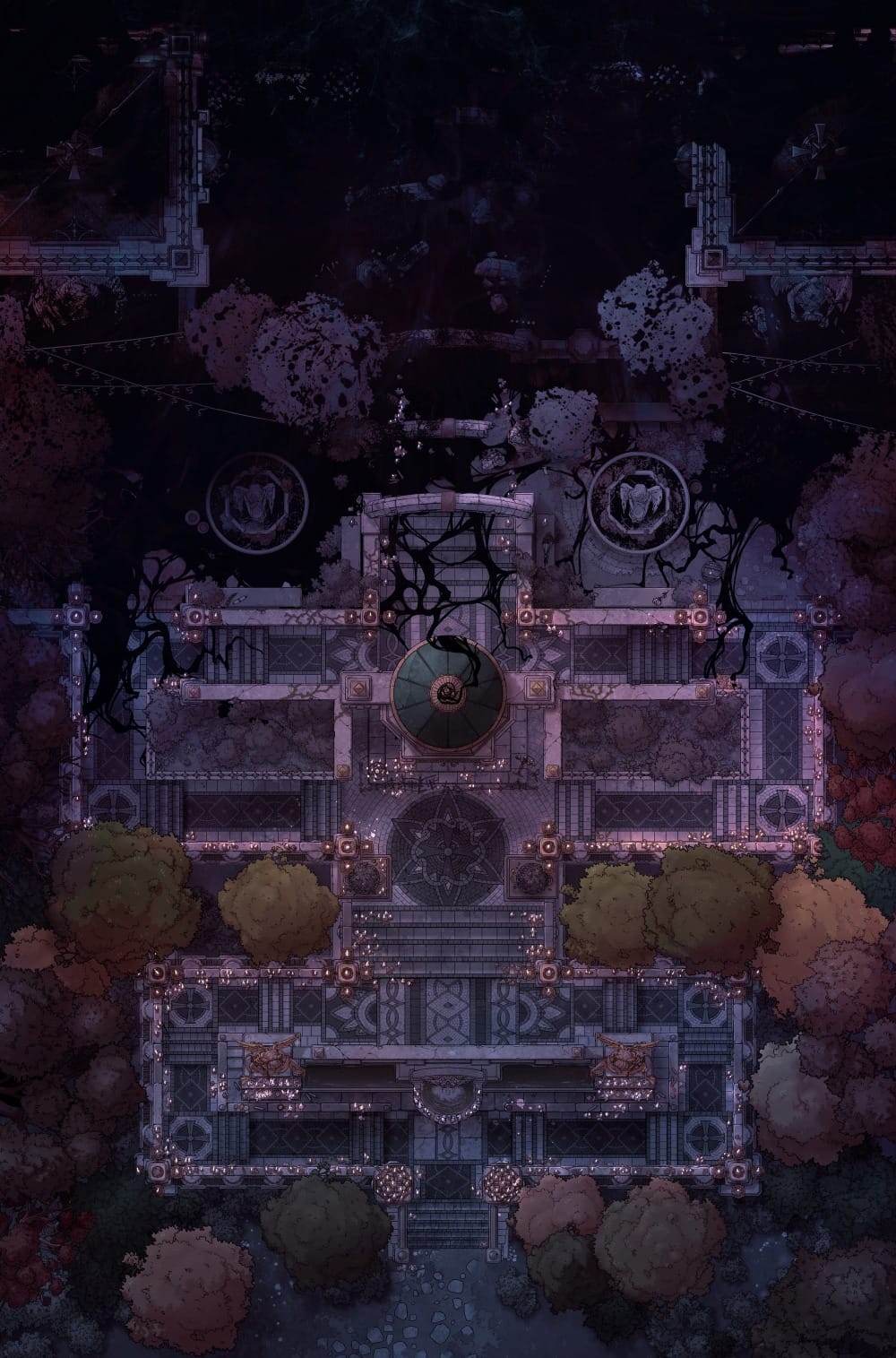 Top-down battlemap of a beautiful white stone shrine in the midst of dense foliage. An immense wave of shadow has begun to overtake the structure, with creeping black tendrils crawling across its stonework and courtyard. The lighting is dim and ominous.
