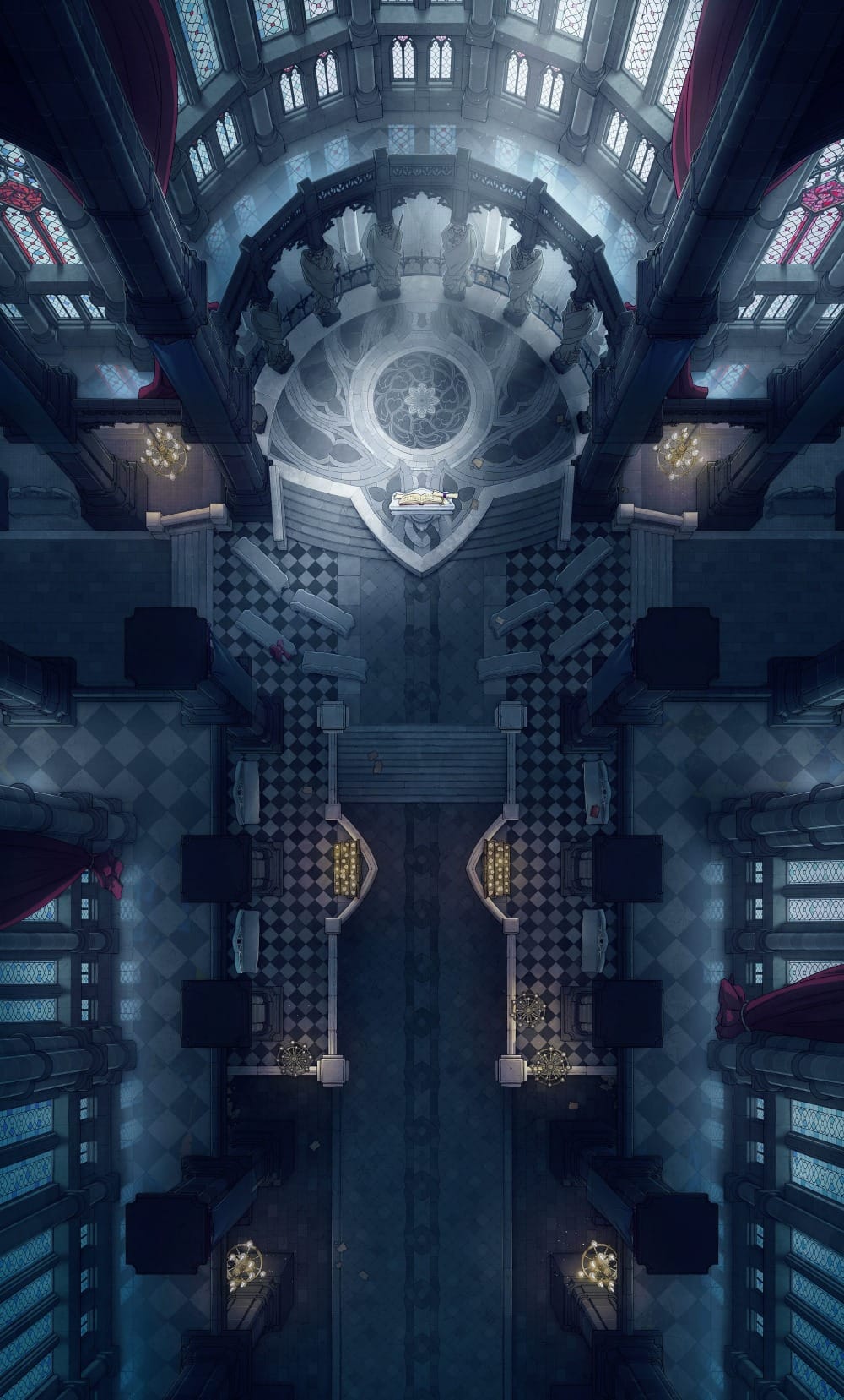 Top-down view of a dimly lit grand cathedral nave with a checkerboard tile floor, rows of dark pews, and floor-to-ceiling stained glass windows lining both walls. A domed apse at the far end lets in an ethereal, soft white light.