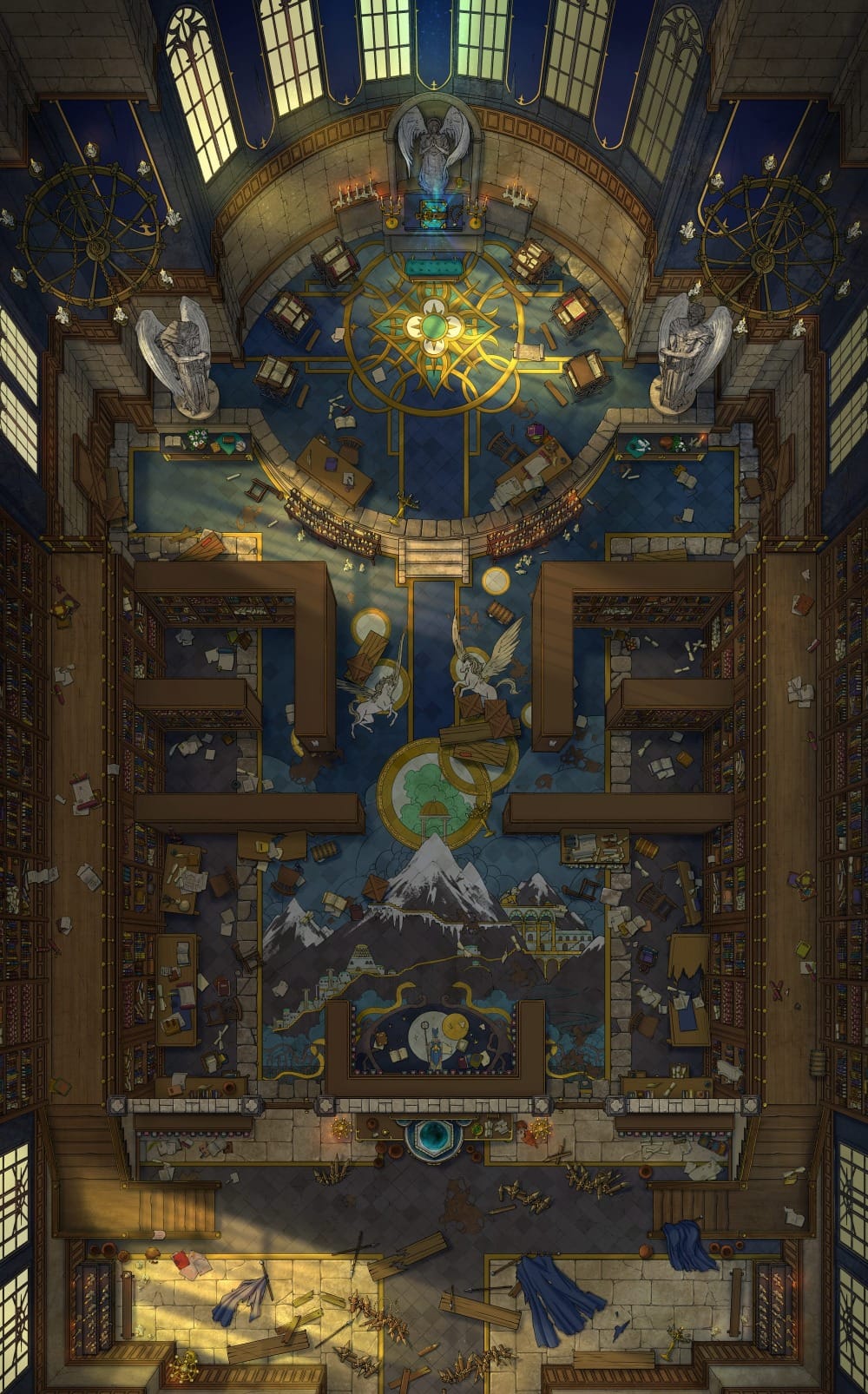 Top-down battlemap of a large chapel interior. Labyrinthine dark-wood bookshelves line a gold-and-blue floor that depicts the mosaic of a huge mountain. Lecterns and research tables ring a circular apse flanked by angel statues.