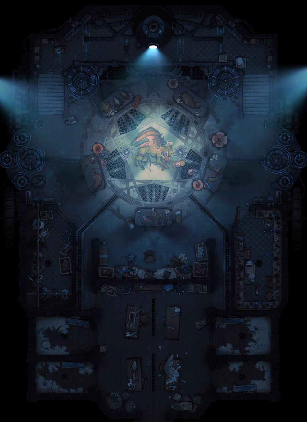 Top-down battlemap of a dim laboratory lined with operating tables and machinery. A glowing central platform holds a chimeric creature with a feline body, leathery wings, and several heads. Tables and cages hold remnants of other creatures’ body parts.