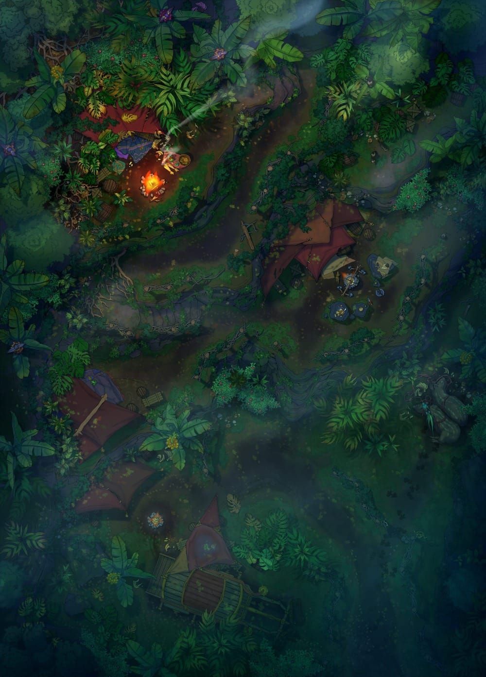 Top-down battlemap of a dense tropical forest. A dirt path winds up through tiered rocky switchbacks, surrounded by thick tropical ferns and a thin layer of mist that drifts through the undergrowth. Scattered campsites are tucked along the path.