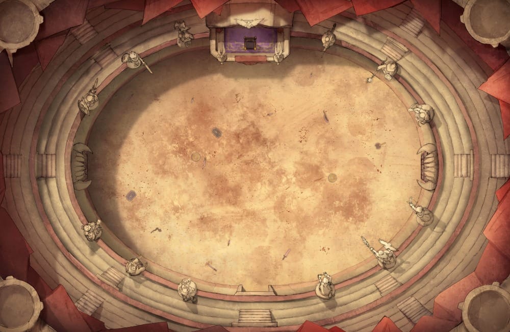 Top-down battlemap of an oval gladiatorial arena with tiered stone seating, red awnings and banners, and statues of warriors overlooking the arena, along with a shaded spectator box set apart from the rest of the crowd.