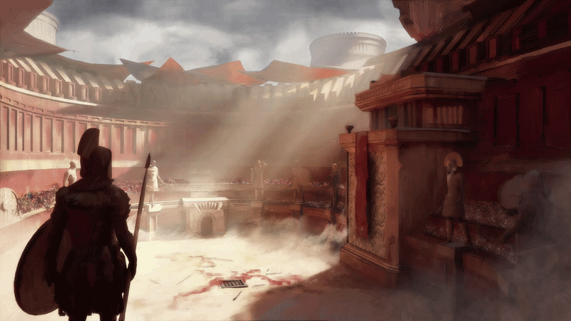 Animated illustrated scene of a gladiator standing at the edge of a sunlit arena, a spear and shield in hand, looking down at the aftermath of a fight beneath red awnings. Weapons litter the sandy floor, and blood seeps into a central drainage grate.