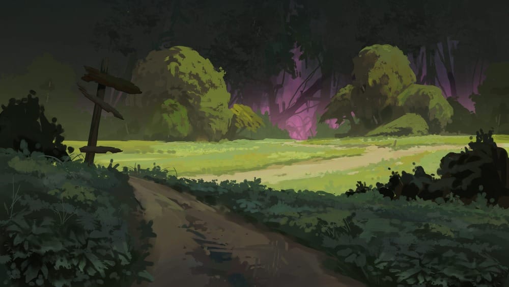 Illustrated scene of a forest path marked by a wooden sign. In the foreground, the forest is vivid and green; however, as the path goes on, the woods turn gnarled and dark purple.