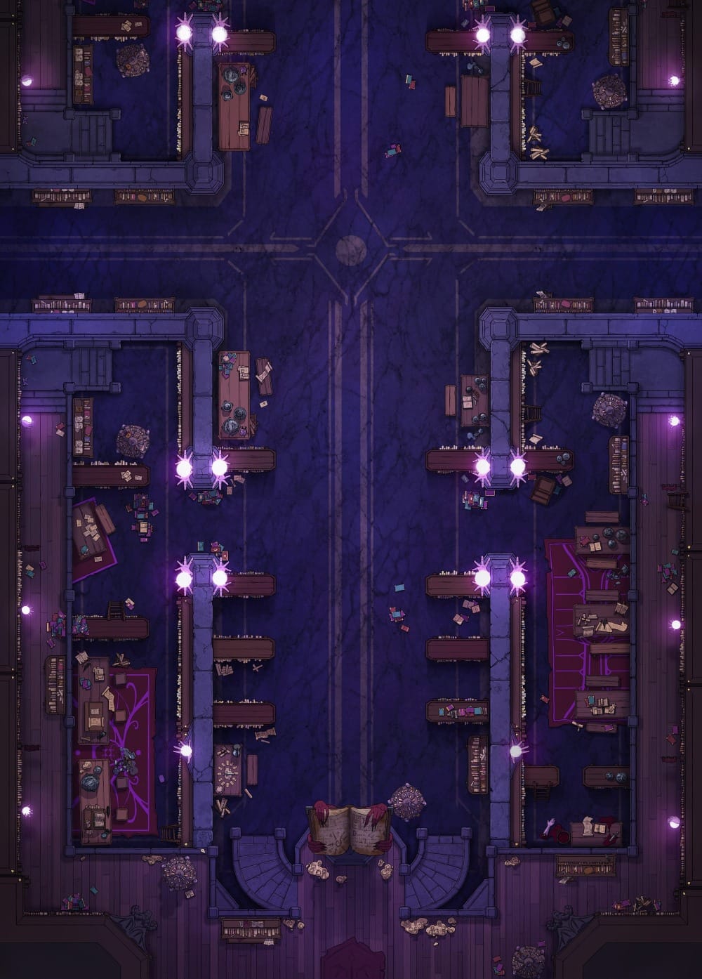 Top-down battlemap of a large institutional library hall with long rows of bookshelves, reading tables, and scattered books. The hallways are lined with dark wood and plush purple carpet. At the far end is a large lectern and an open book.