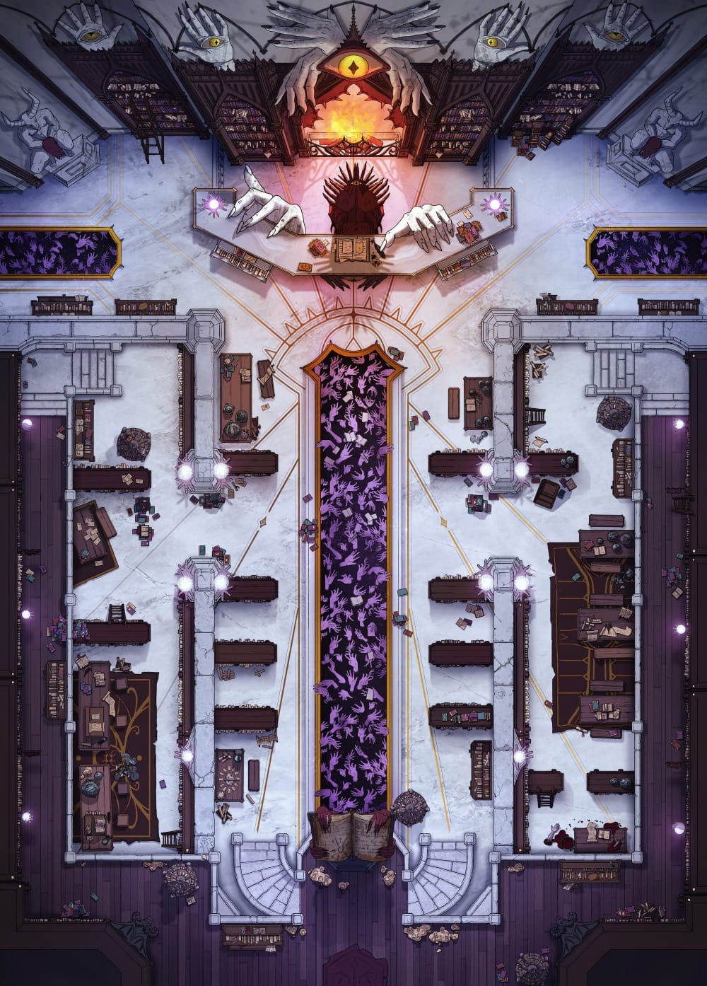 Top-down battlemap of a large institutional library. Rows of dark bookshelves and purple carpets with grasping hand motifs sit on a polished white marble floor decorated with golden eye imagery. On one end of the room is a large desk with huge white grasping hands clasping the desk and wall, over which sits a large eye.