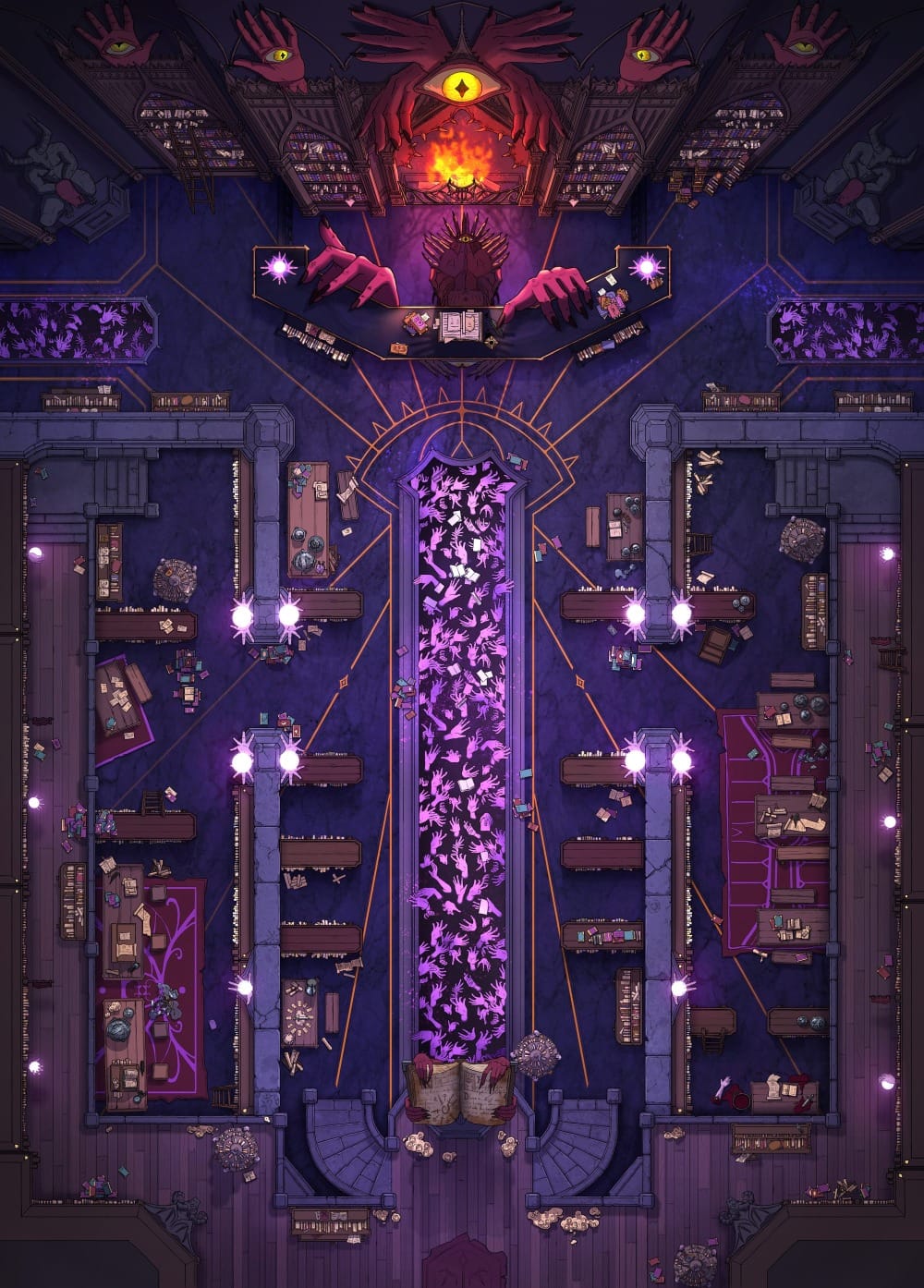 Top-down battlemap of a large library. Rows of dark bookshelves and purple carpets with grasping hand motifs sit on a purple carpeted floor decorated with eye imagery. On one end of the room is a large desk with huge red clawed grasping hands clasping the desk and wall, over which sits a large eye.