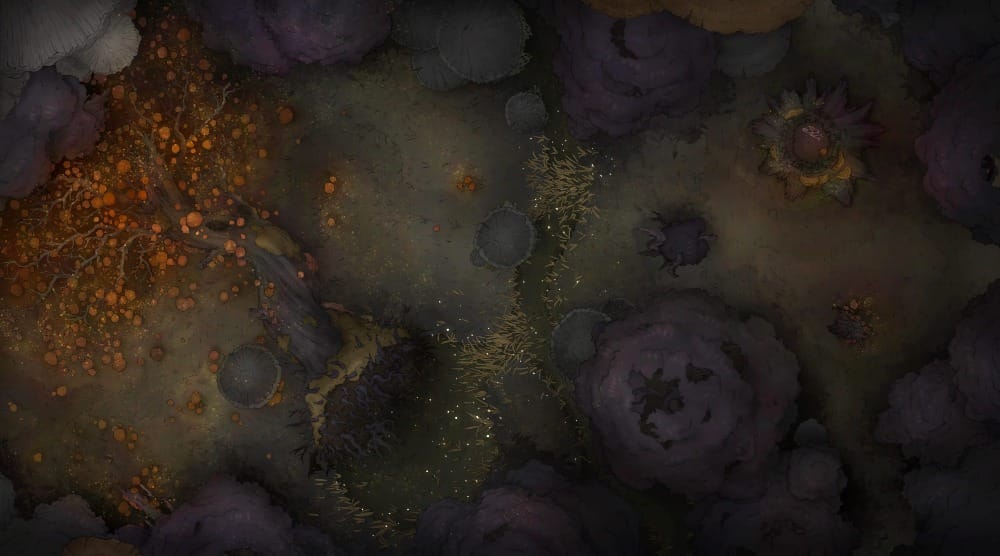 Top-down battlemap of a dark, blighted forest floor with sickly orange fungal growth spreading across the twisted branches of a fallen tree. Twisted roots, pale grass, withered trunks and dark, looming trees close in around the clearing.
