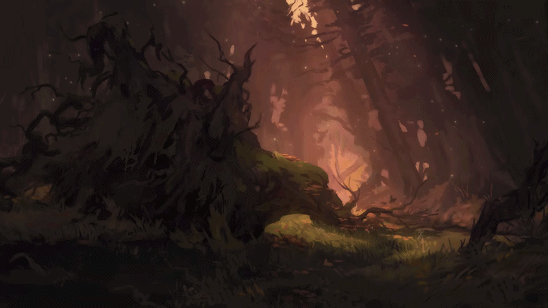 Illustrated scene of a dim, overgrown forest clearing. Dim sunlight filters through the hazy air and ominous dark trees. In the foreground is a large uprooted tree, overgrown with orange fungi.