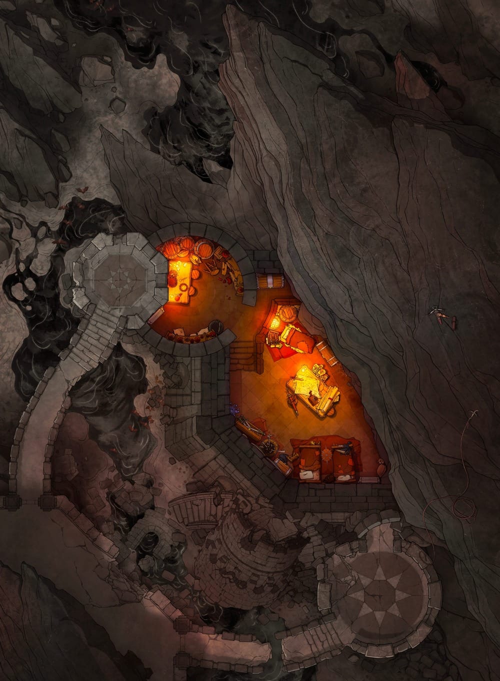 Top-down battlemap of a small fort built into the side of a mountain cave. Stone battlements and rough-hewn walls enclose a compact barracks interior with bedrolls, supplies, and a wooden table. Beyond the walls, the surrounding rock gives way to dark obsidian formations.