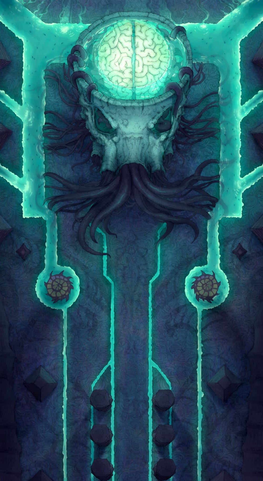 Top-down battlemap of a dark chamber housing a massive mindflayer skull with a glowing brain encased within. Writhing tentacles and wires emerge from the skull’s orifices. Glowing ectoplasmic channels connect from the brain and run through the room.