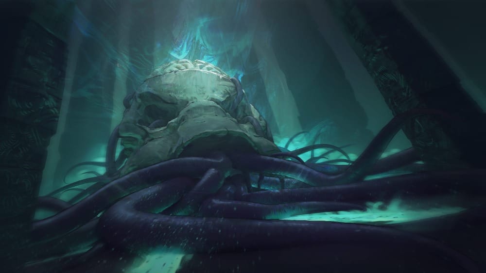 Illustrated scene of a massive mindflayer skull. A glowing brain emerges from its cranium, and writhing black tentacles snake from its orifices. The scene is suffused by an ethereal teal light.