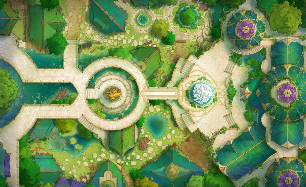 Top-down battlemap of an elven city district where curved white stone pathways circle a grand central plaza. Ornate teal and green domed houses with purple detailing are set among lush gardens and beautiful ponds.