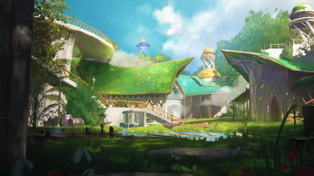 Painterly illustration of an elven city on a bright sunny day. Lush gardens and still ponds surround elegant houses with curved rooftops in green and white.