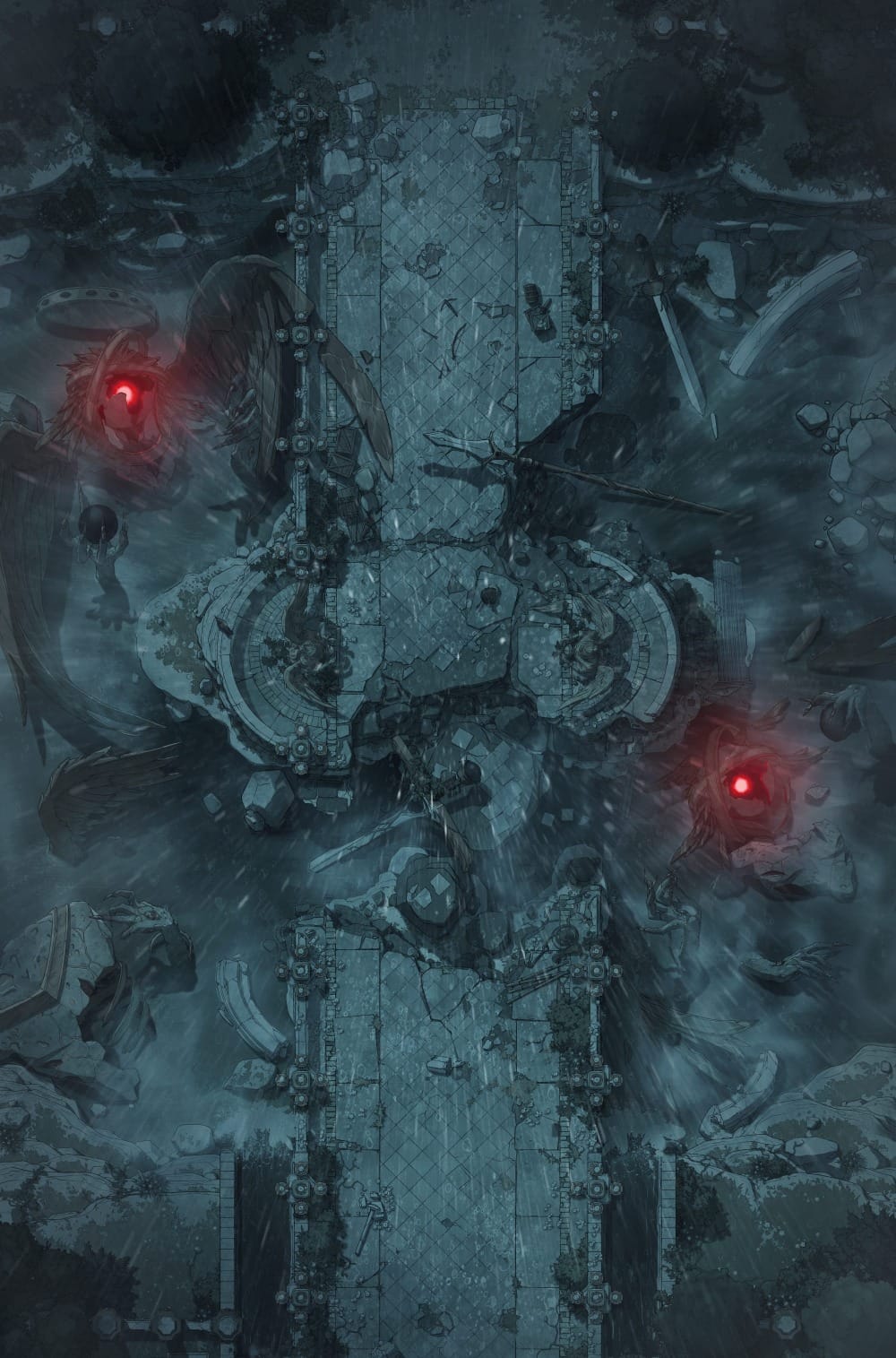 Top-down battlemap of a ruined stone bridge under heavy downpour. Glowing red eyes are visible through the haze, as well as silhouettes of eldritch creatures and fleshy hands reaching out of the water.