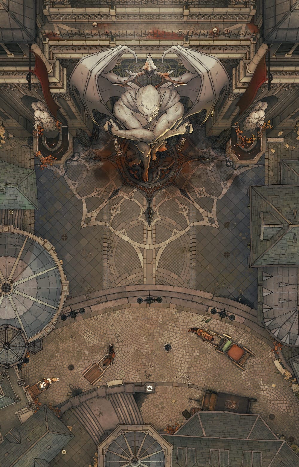 Top-down battlemap of a cobblestone plaza where horse-drawn carriages are passing by. A grand, ornate marble statue with demon wings stands atop a dark podium, holding an axe in either hand. The stone beneath is stained with blood.