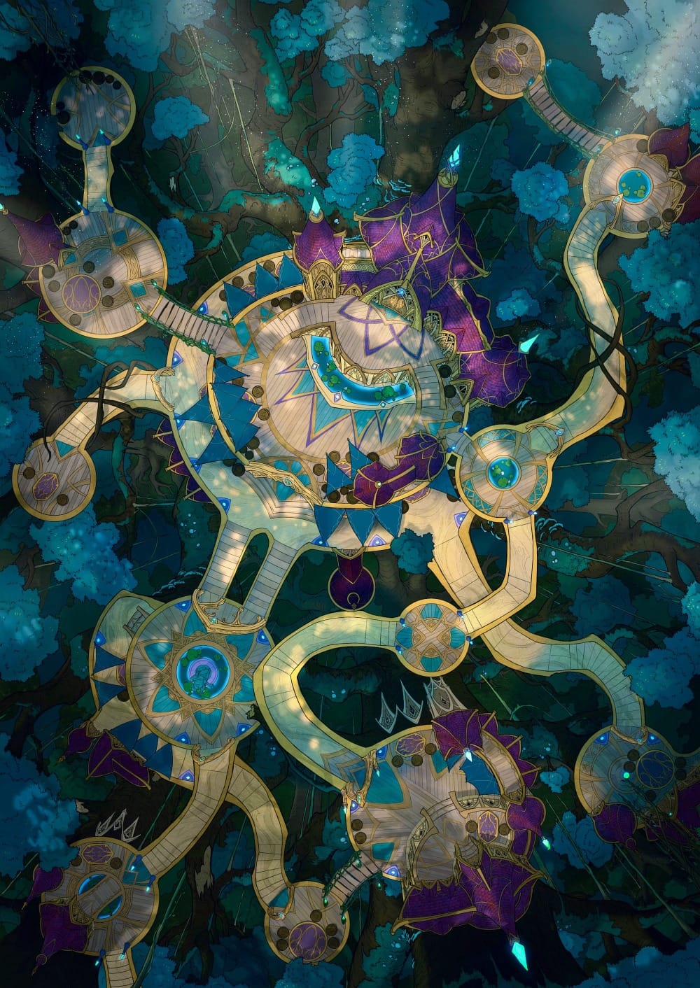 Top-down battlemap of a treetop settlement suspended among dense forest canopy. Ornate purple-roofed buildings of elven architecture sit on interconnected circular platforms of pale wood, which are decorated by teal canopies and intricate floral patterns.