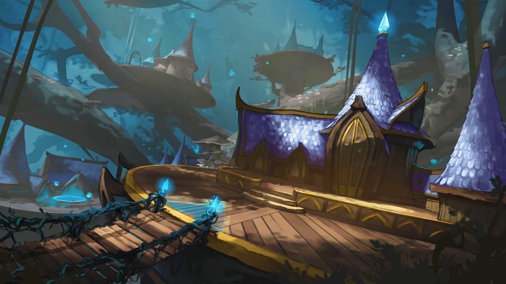 Illustrated scene of the same treetop platforms as above, as seen at eye-level. Circular wooden platforms sit atop massive branches, connected by rope bridges and lit by glowing blue crystals. Wooden structures of elven architecture with indigo roofs stand on each platform.