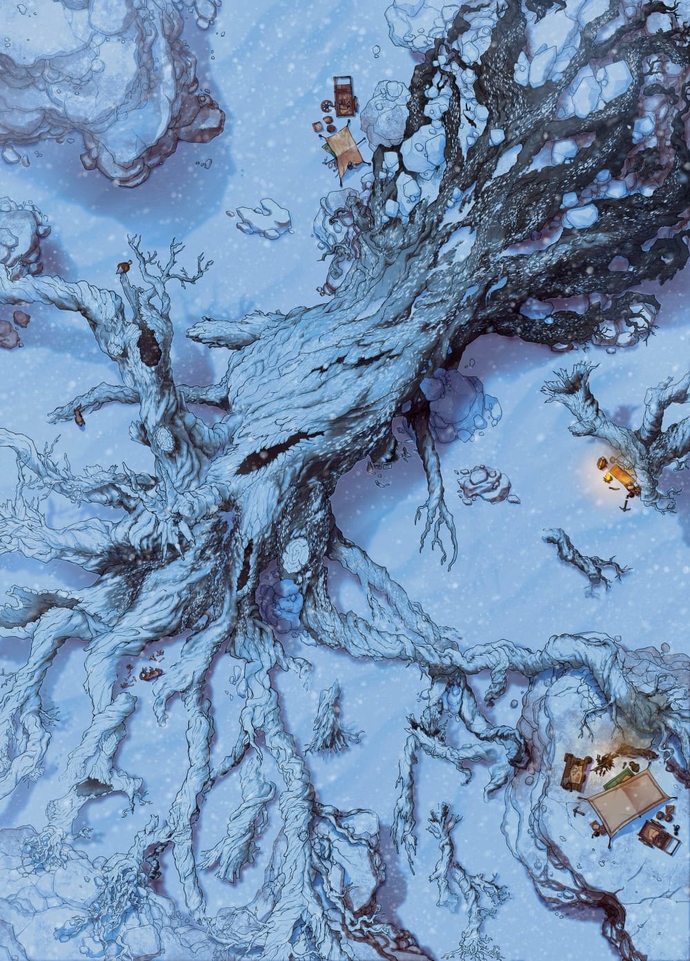 Top-down battlemap of a massive fallen tree in a snow-covered landscape. Thick, frost-covered branches sprawl across a wintry clearing. Several small campfires and supplies are scattered around the tree.