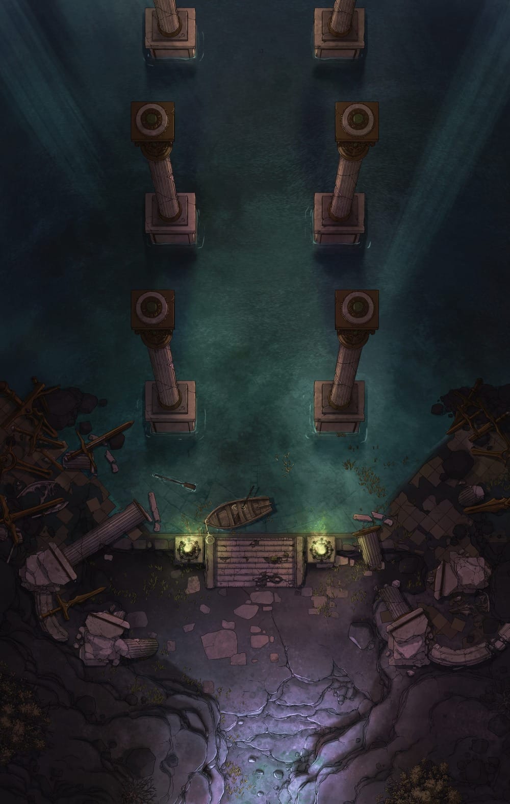 Top-down battlemap of a dark river crossing flanked by a row of tall columns, and surrounded by crumbling stone ruins. A small rowboat is visible on the water, tied to dock stairs lit by two dim lanterns.
