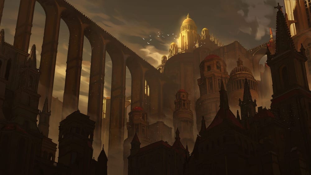 Painterly illustration of a gothic city viewed from street level. A vast stone viaduct arches overhead, leading the eye toward a towering cathedral that crowns a tiered city acropolis rising high above the rooftops.
