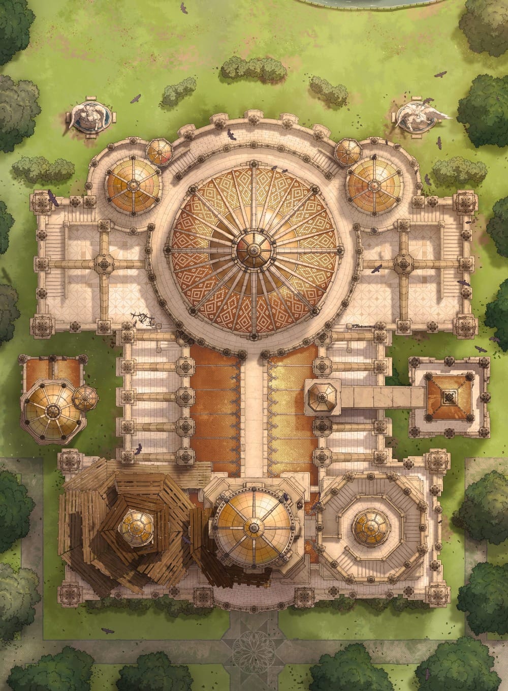 Top-down battlemap of a large cathedral complex made of white stone. Domed rooftops of gold sit atop guard towers and stone battlements, arranged around a grand central rotunda. The complex sits amidst lush, forested plains.