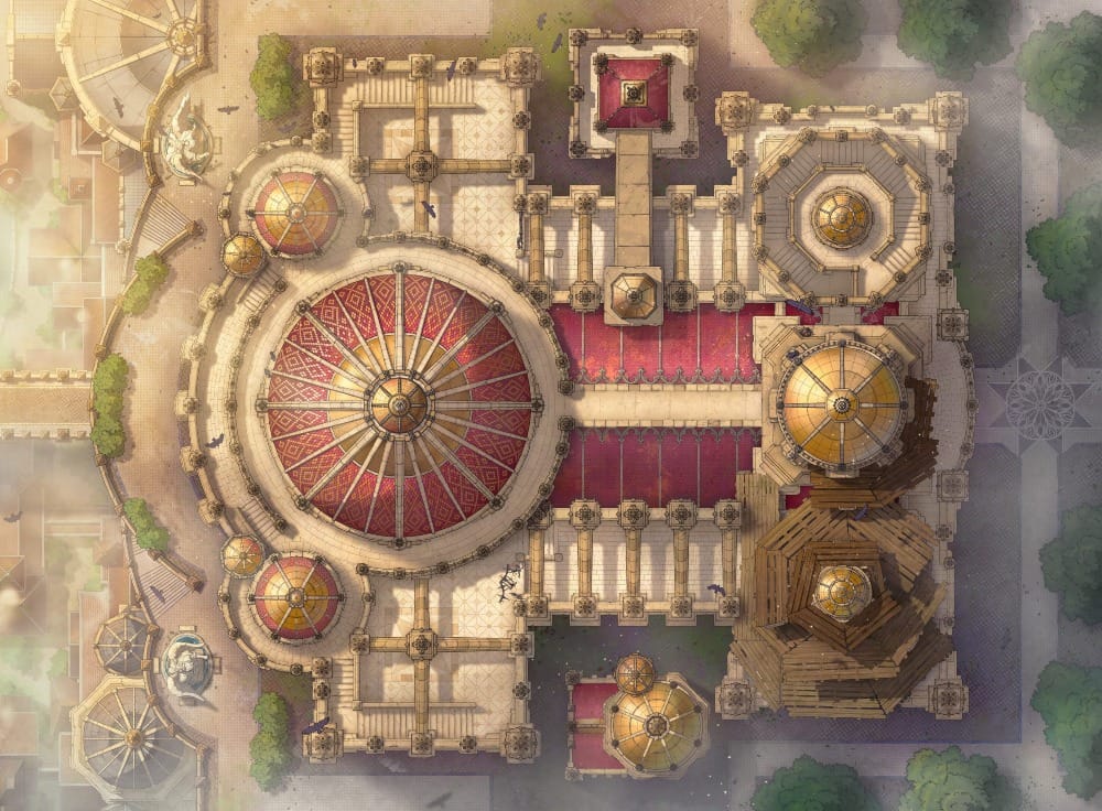Top-down battlemap of a regal cathedral complex. Domed rooftops of red and gold sit alongside octagonal guard towers and stone battlements, arranged around a grand central rotunda that overlooks a sweeping city below.