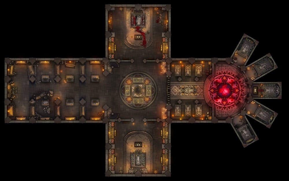Top-down battlemap of a cross-shaped catacombs complex. Offshoot rooms hold tombs and statues. On the far left, one large ritual chamber contains a sacrificial altar where several bodies lie bleeding into an eerie red ritual circle.