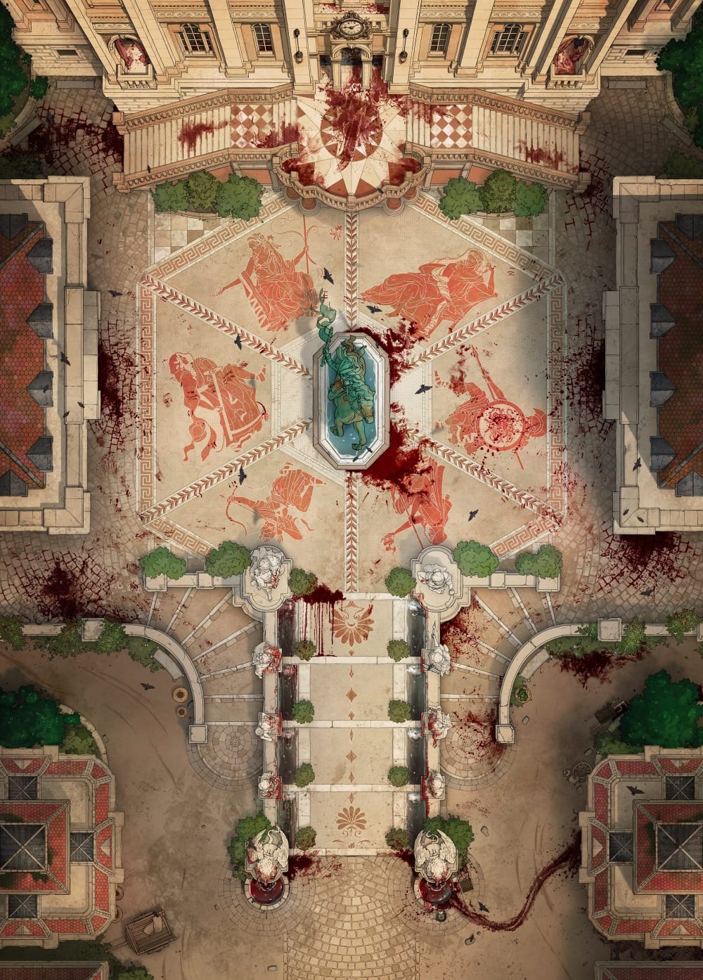 Top-down battlemap of a grand imperial plaza. A large central mosaic floor depicts red terracotta figures of warriors in a radial pattern, surrounding a central fountain with an ornate green statue. Pools, splatters, and messy trails of blood are scattered across the plaza.