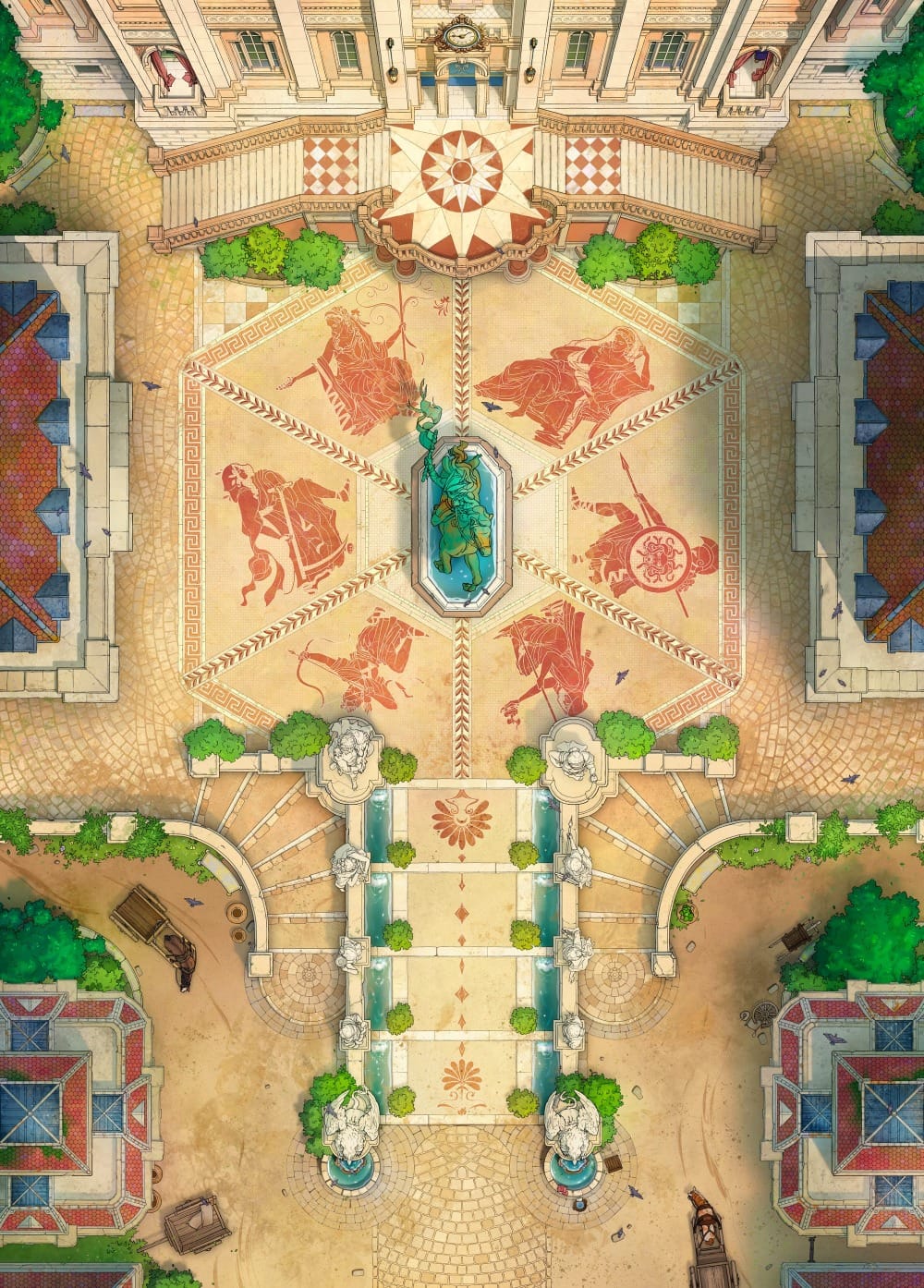 Top-down battlemap of a grand imperial plaza. A large central mosaic floor depicts red terracotta figures of warriors in a radial pattern, surrounding a central fountain with an ornate green statue. Manicured topiaries, water channels, and smaller statues line the sides of the plaza.