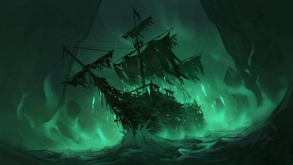 Illustrated scene of a tattered ghost ship sailing through dense green mist, amidst turbulent roiling waters. Its hull is badly damaged, and its sails are ragged.